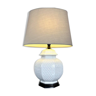 Living room lamp base in white earthenware and black wooden base - Asian style