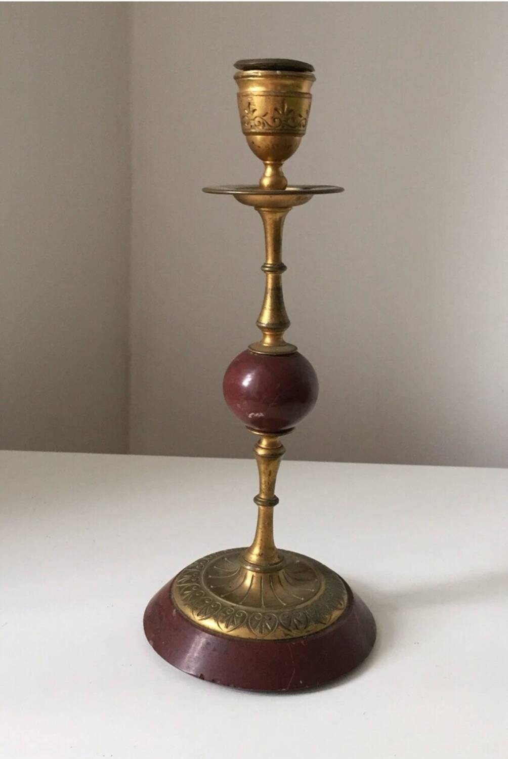 Antique beautiful hard stone candlestick, jasper, red marble, 19th century