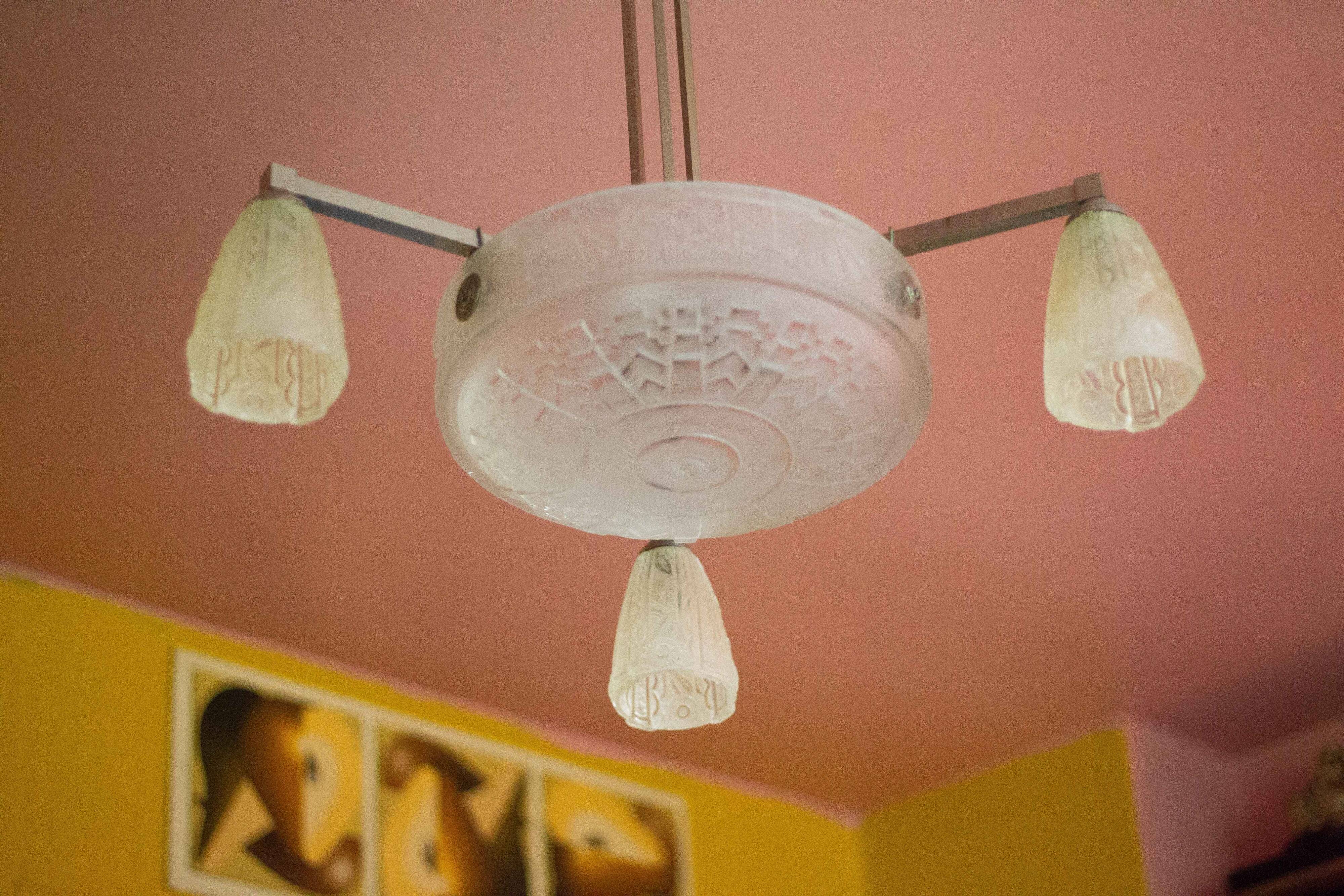 Art deco nickel plated bronze chandelier with art deco tulip glass, ceiling lamp, art deco pendant light, 30