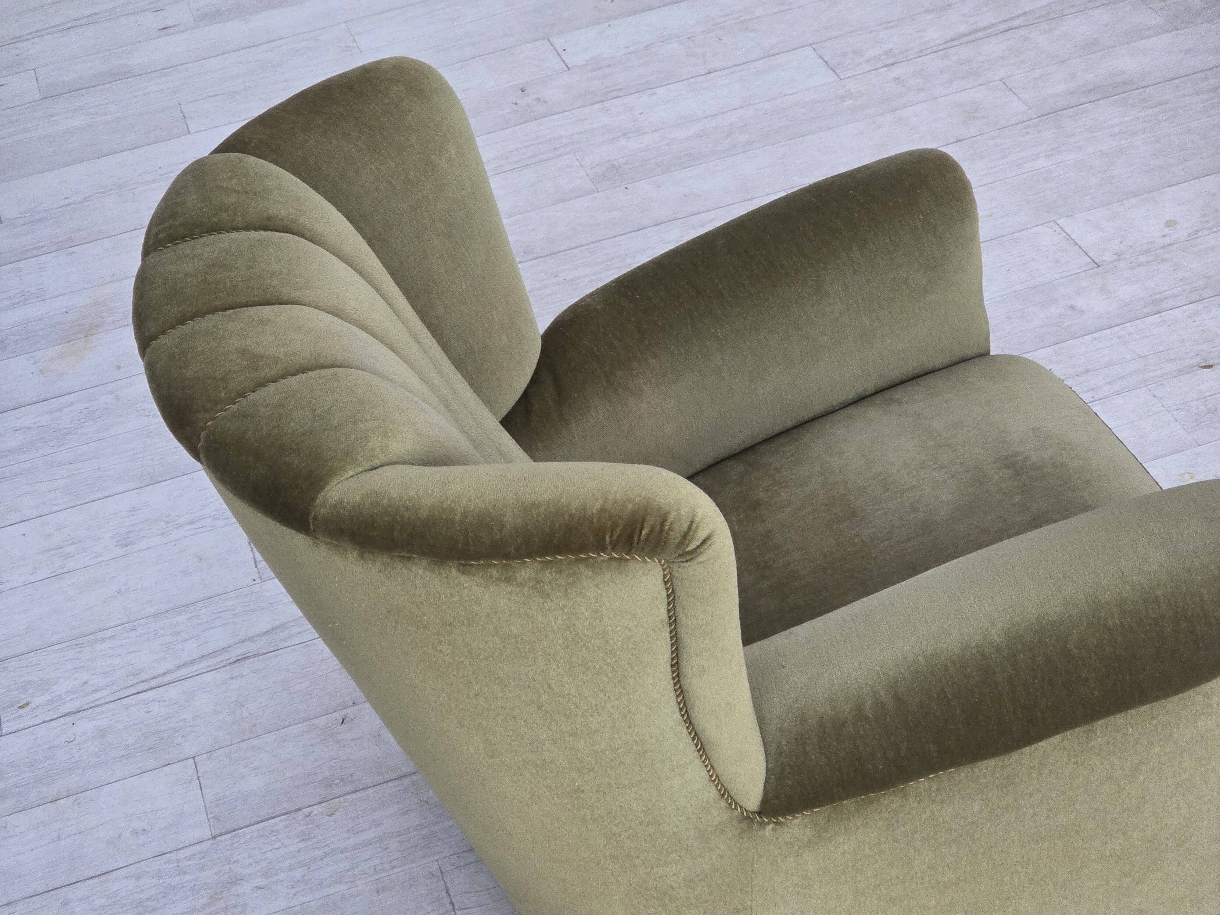 1960s, Danish relax armchair, original green furniture velour, beech wood.