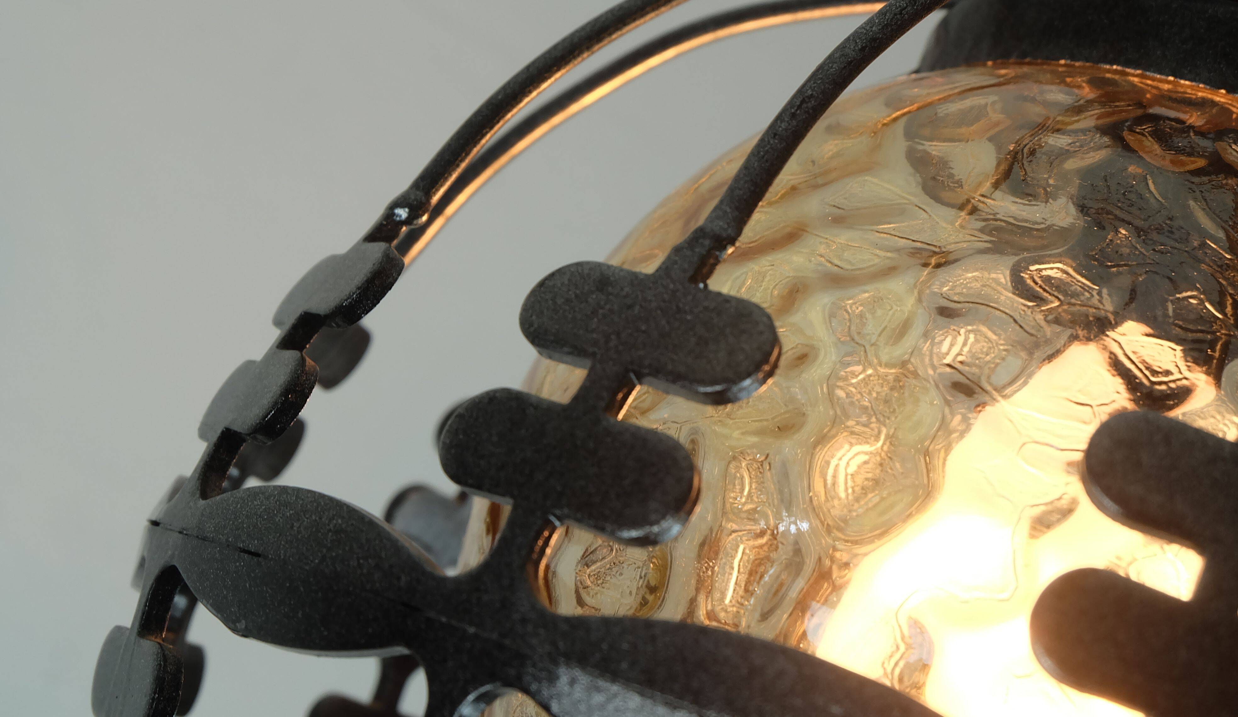 1970s Amber Glass Pendant Light with Iron Frame - 2 Available