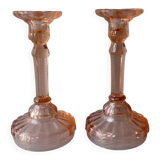 Pair of pink glass candle holders