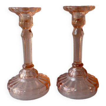Pair of pink glass candlesticks