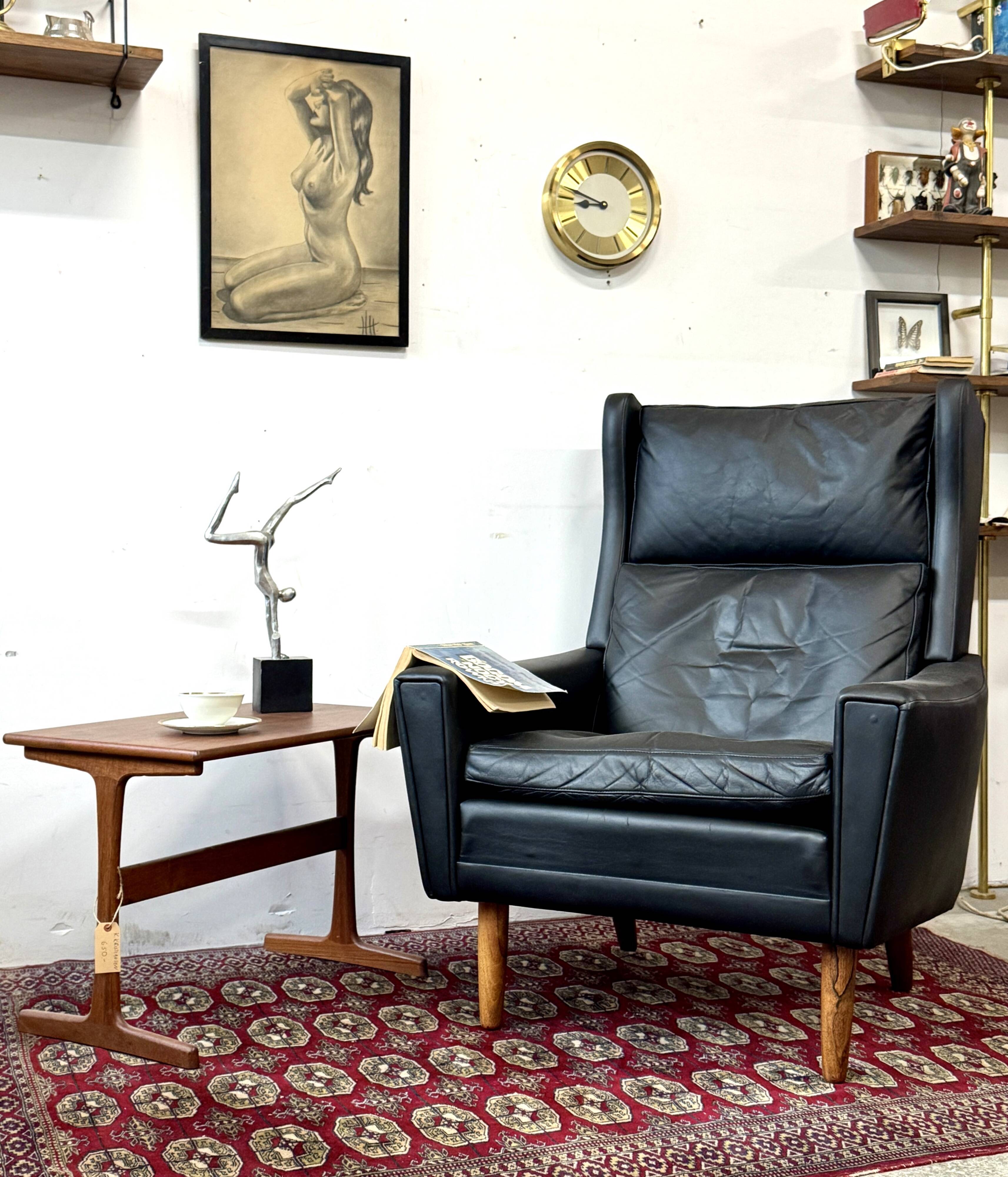 Leather Wingback Chair, Denmark 1970s, Vintage, Mid-C Modern