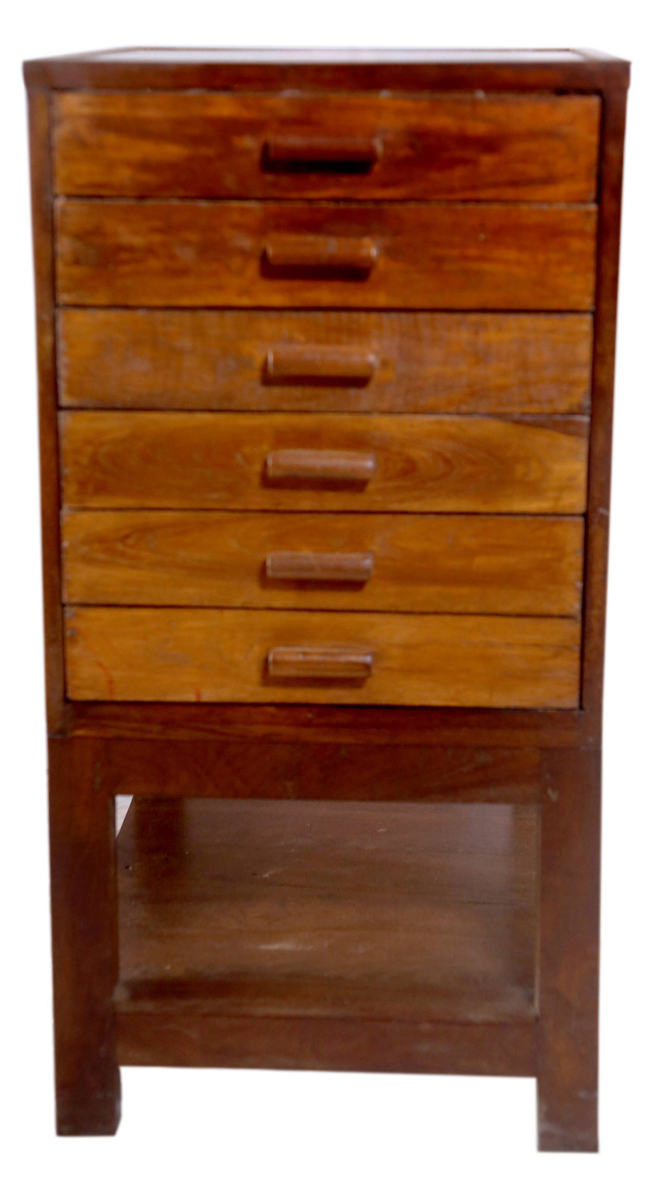 Former antique Burmese teak workshop cabinet with top glass tray