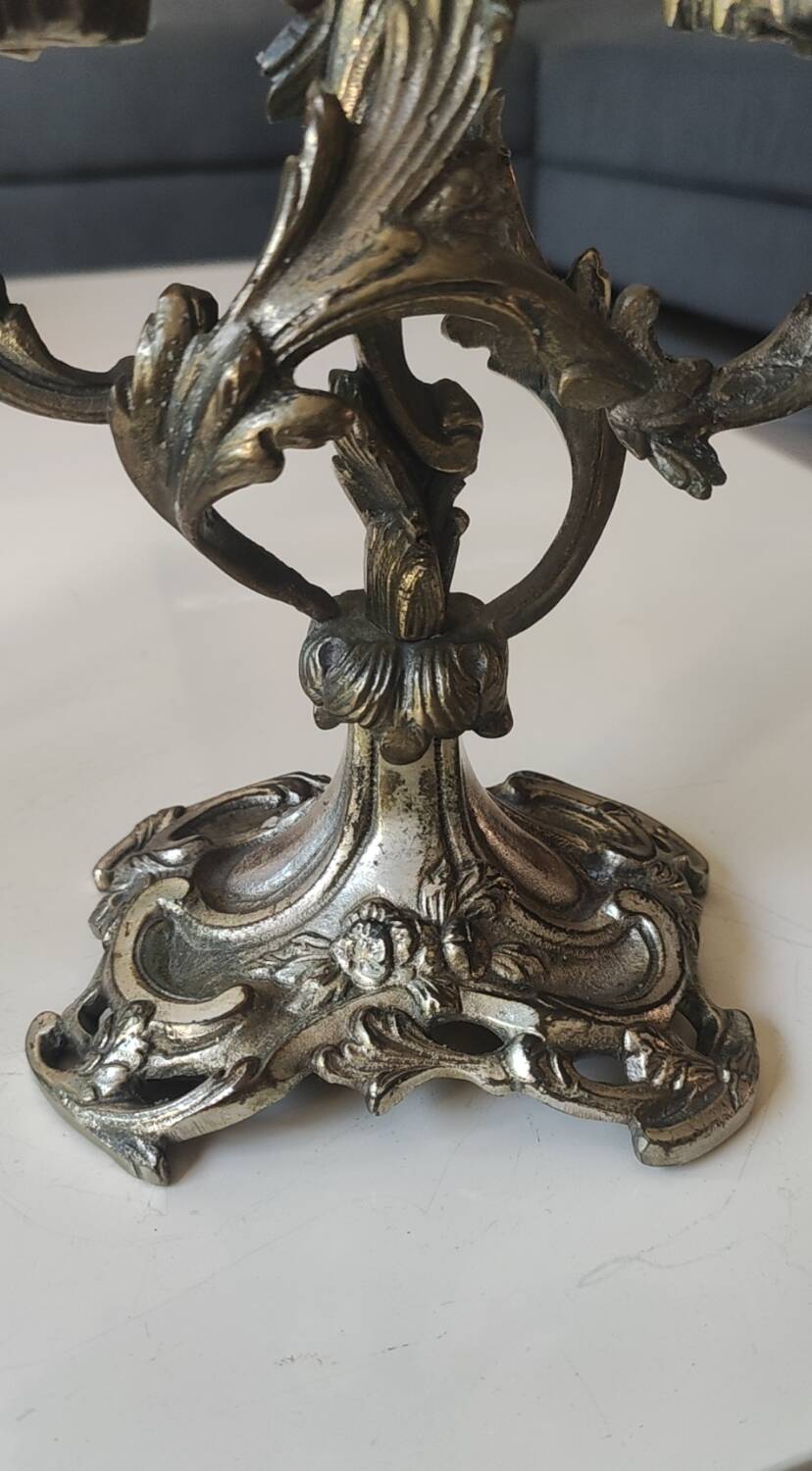 Pair of Candelabra in Louis XV/Rocaille Style, 2 lights. In gilded bronze, 19th century.