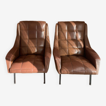 Pair of vintage armchairs in brown imitation leather
