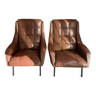 Paire de fauteuil vintage en simili cuir marron