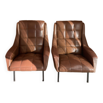 Pair of vintage armchairs in brown imitation leather