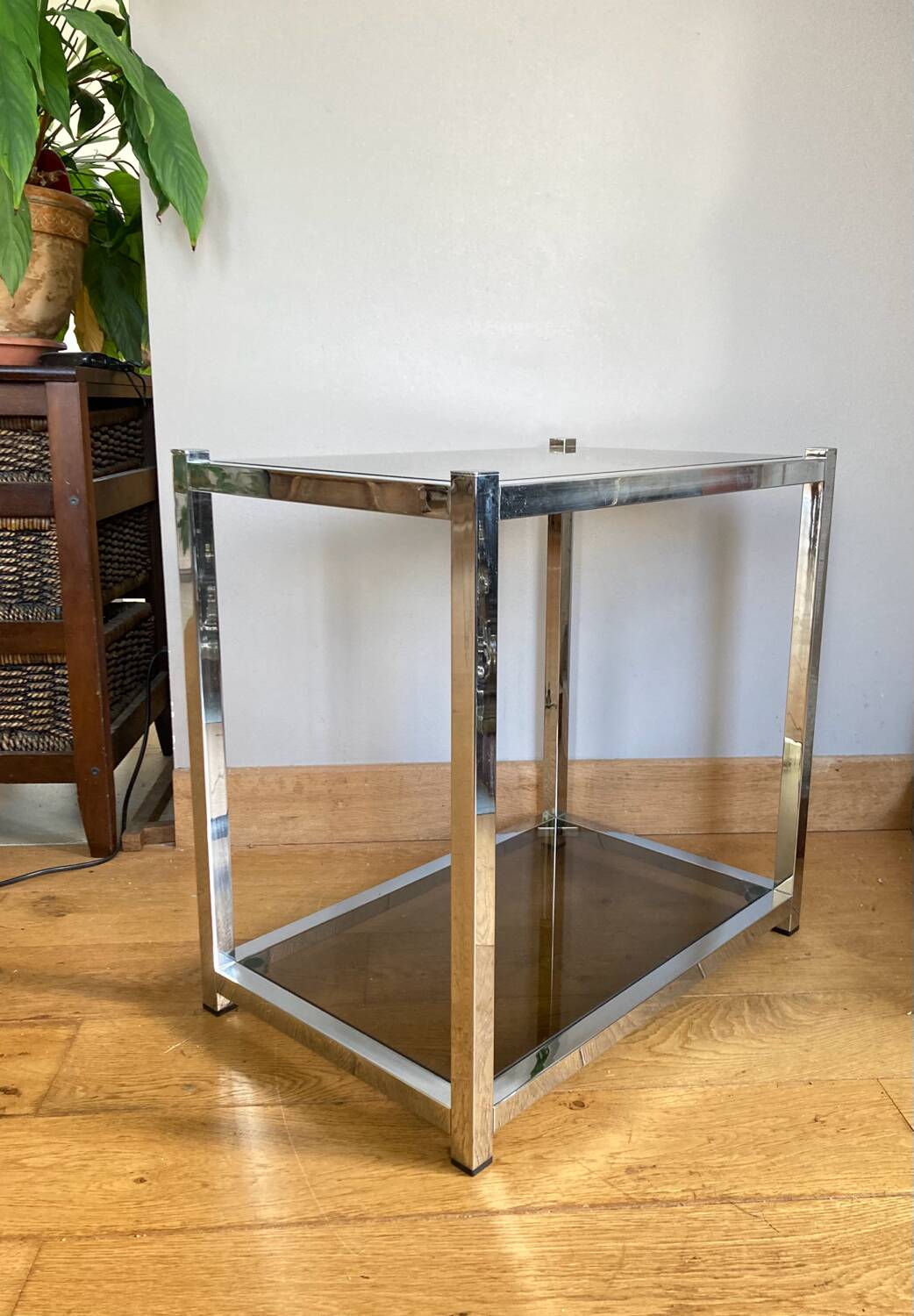 Vintage trolley in chrome metal and smoked glasses 1970s