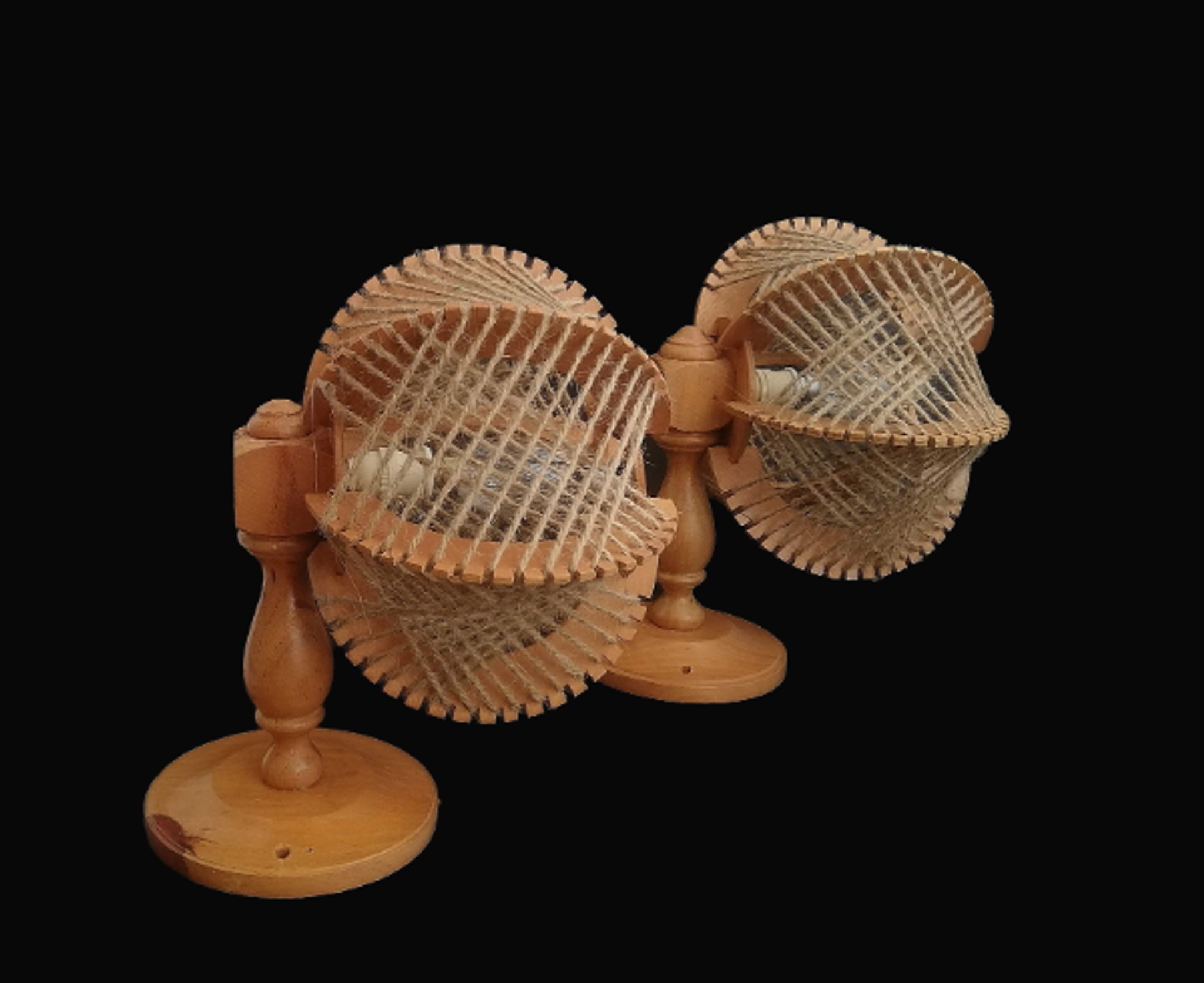 Pair of wooden wood straw wall sconce lamps rustic vintage France