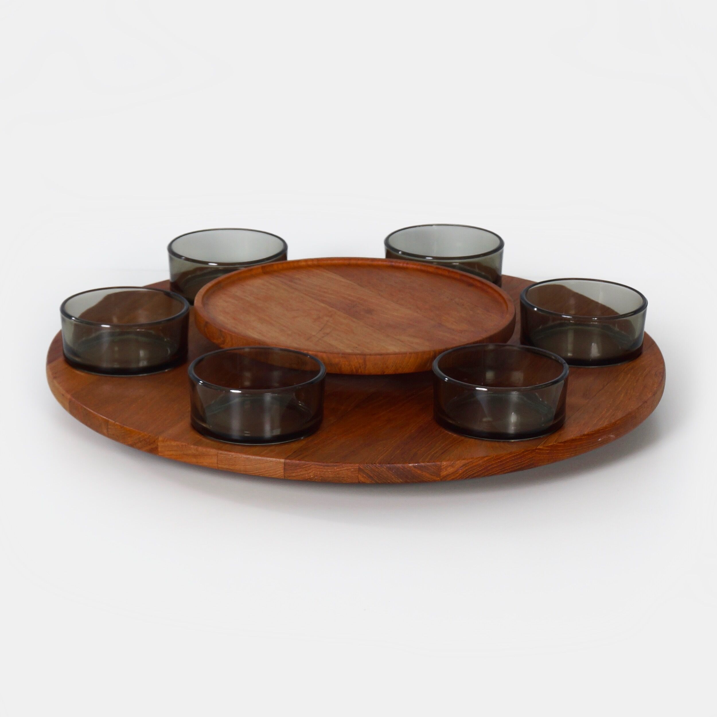Lazy Susan snack tray with 6 bowls, Denmark, 1960s – Ø 49 cm