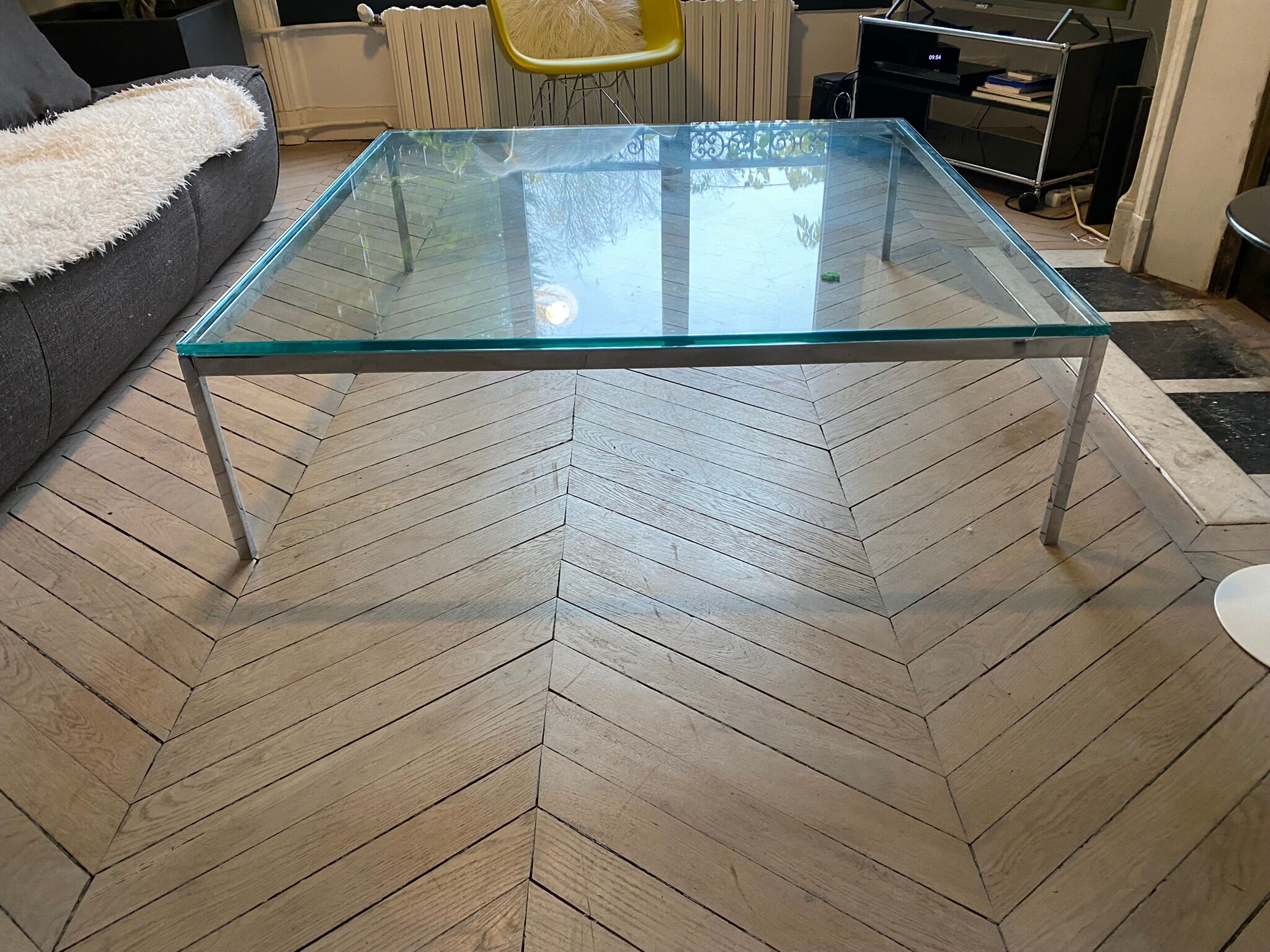 Table basse design Italien verre épais et acier brossé
