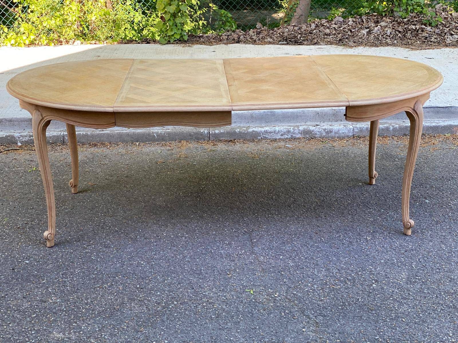 Louis XV extendable round table in solid raw oak 210cm and X marquetry