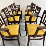 Lot de 8 anciennes chaises fauteuils de bistrot en bois et simili jaune 80’