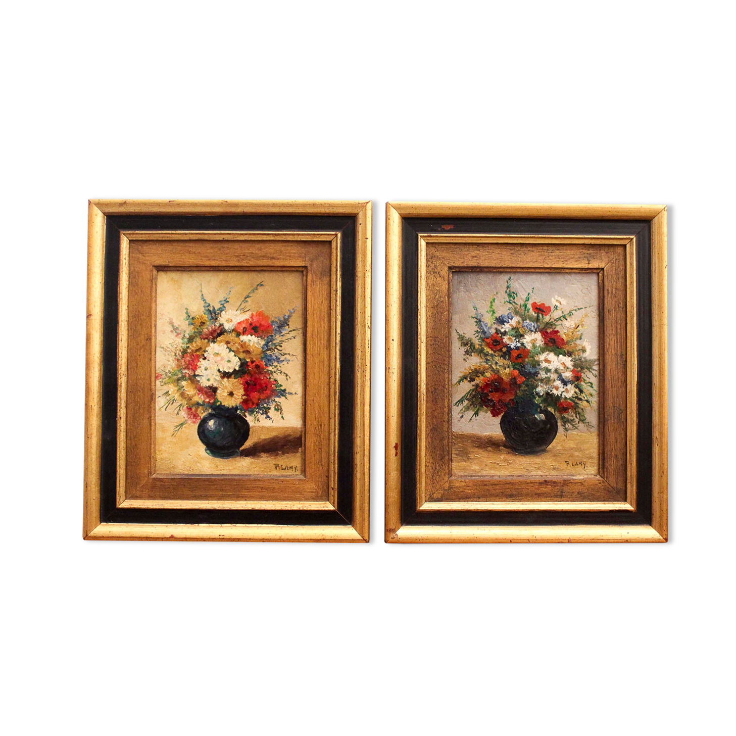 Pair of oils on panel Bouquets of flowers P. Lamy