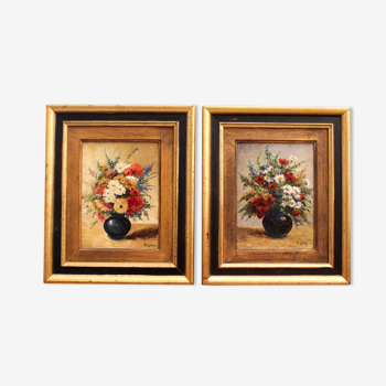 Pair of oils on panel Bouquets of flowers P. Lamy