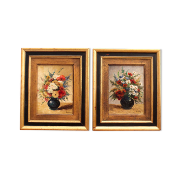 Pair of oils on panel Bouquets of flowers P. Lamy