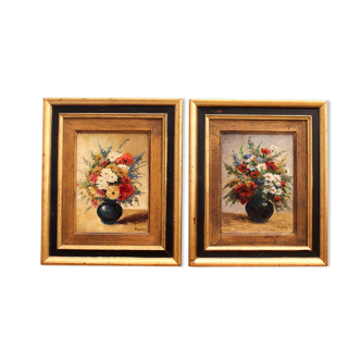 Pair of oils on panel Bouquets of flowers P. Lamy