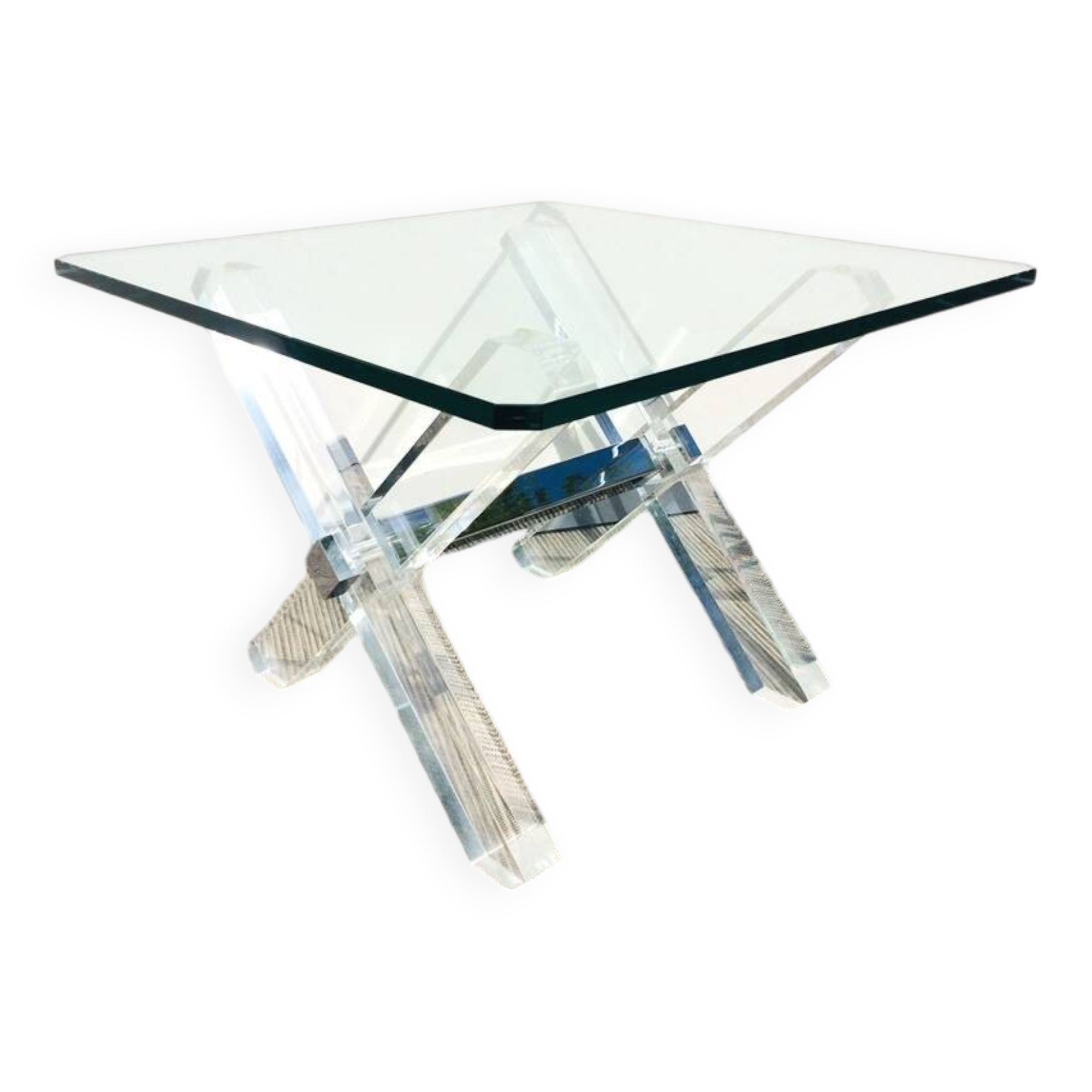 Square coffee table ' Trestles '. Plexi & glass. Vintage 80s