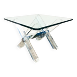 Table basse carrée ' Tréteaux ' . Plexi & verre. Vintage 80s