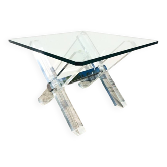 Table basse carrée ' Tréteaux ' . Plexi & verre. Vintage 80s