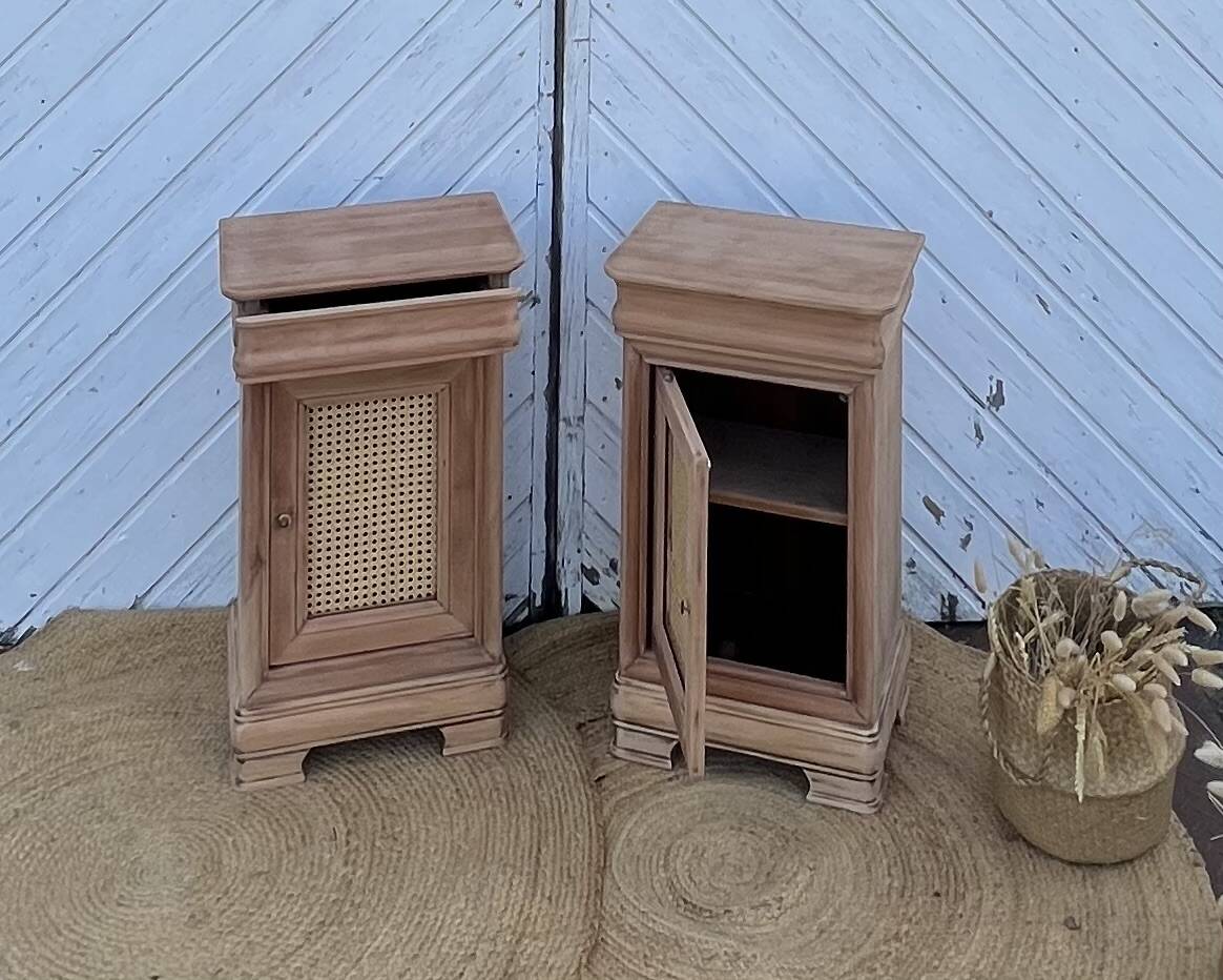 Pair of antique bedside tables / nightstands in raw wood and canework