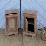 Pair of antique bedside tables / nightstands in raw wood and canework