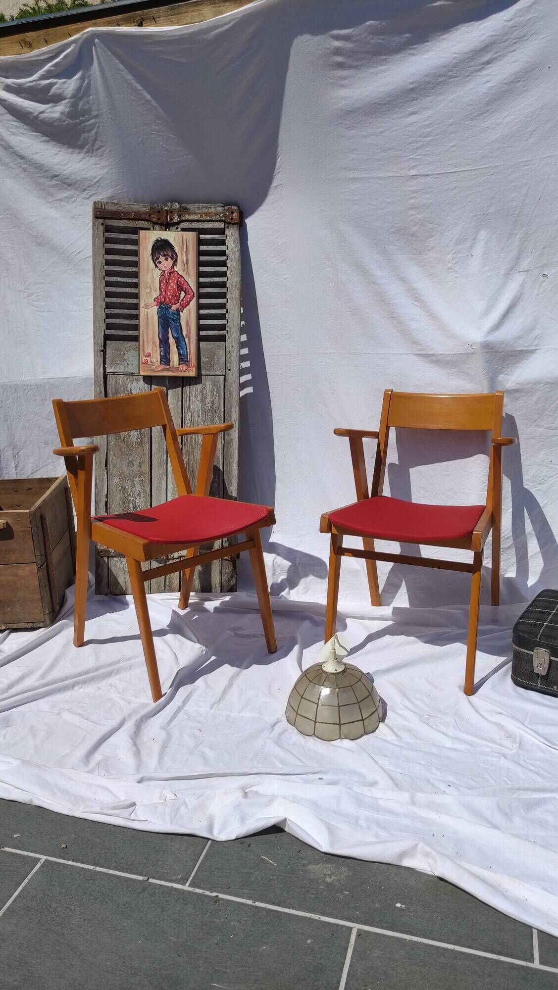 Pair of wooden armchairs and skaï foot compass of the 50s