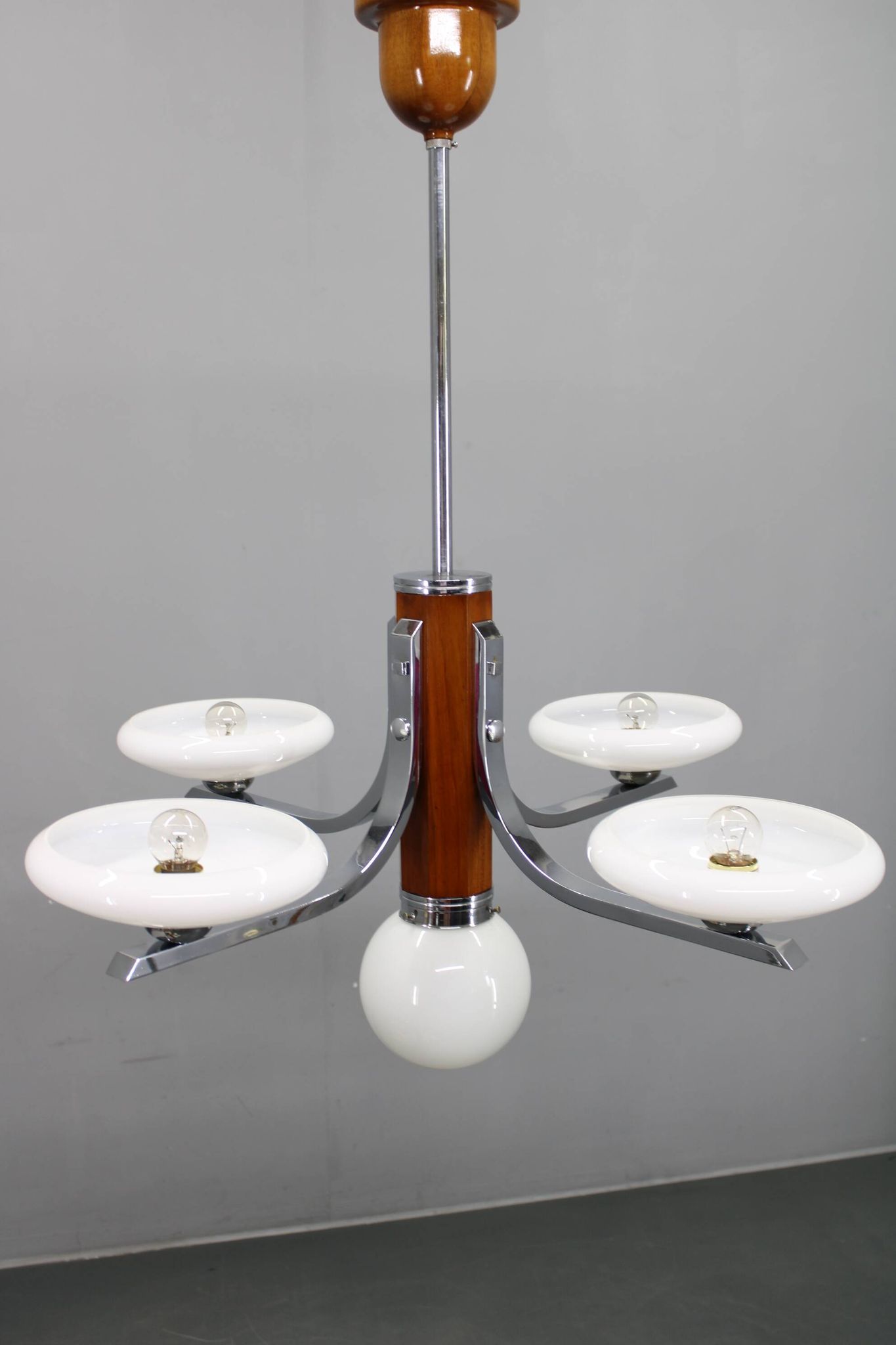 Art Deco chrome and walnut chandelier with milky glass shades, Czechoslovakia, 1