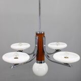 Lustre Art Déco en chrome et noyer avec abat-jour en verre opale, Tchécoslovaquie, 1