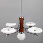 Art Deco chrome and walnut chandelier with milky glass shades, Czechoslovakia, 1