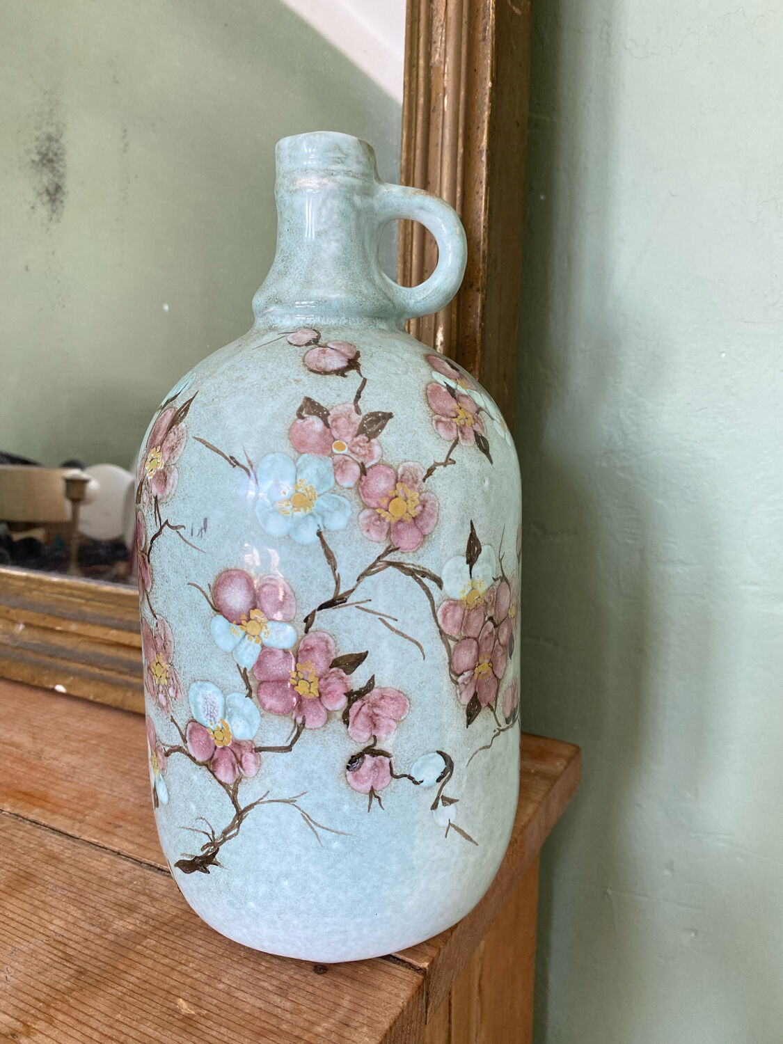 Signed ceramic bottle vase, cherry blossoms, 70s