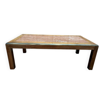 Contemporary coffee table in mahogany and marble.