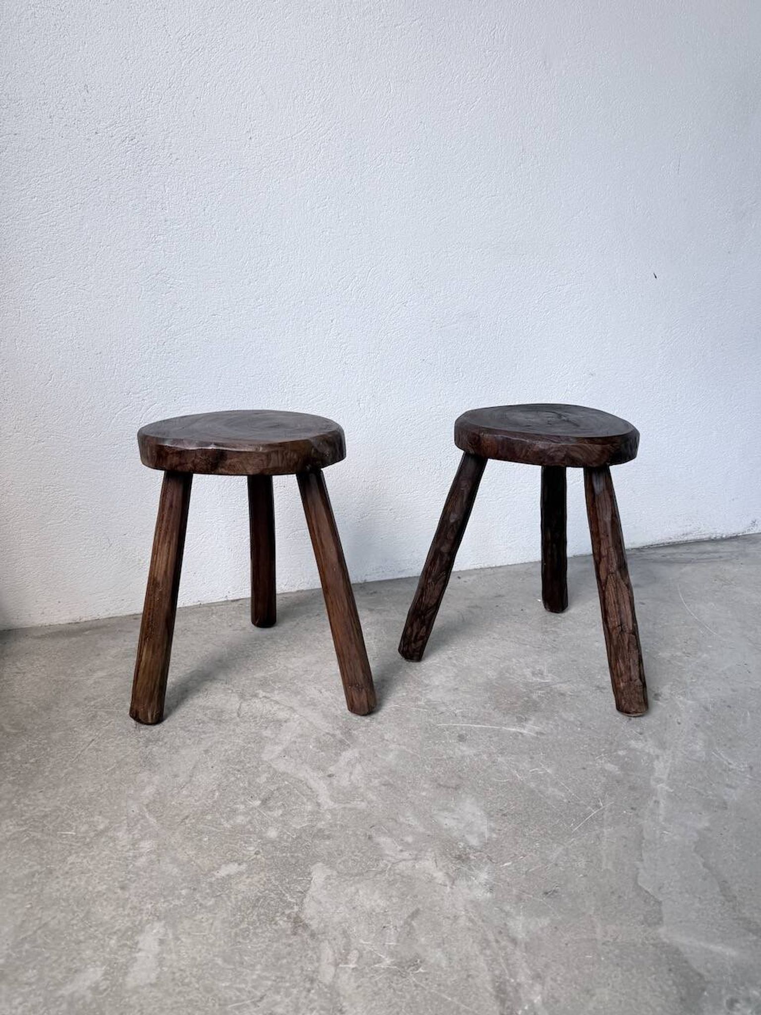 Pair of tripod stools in oak