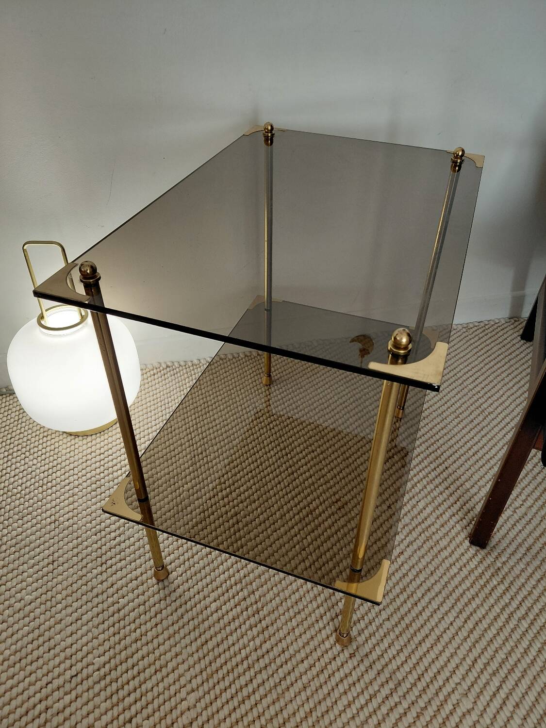Modernist brass and smoked glass table - 1970s gallery style.