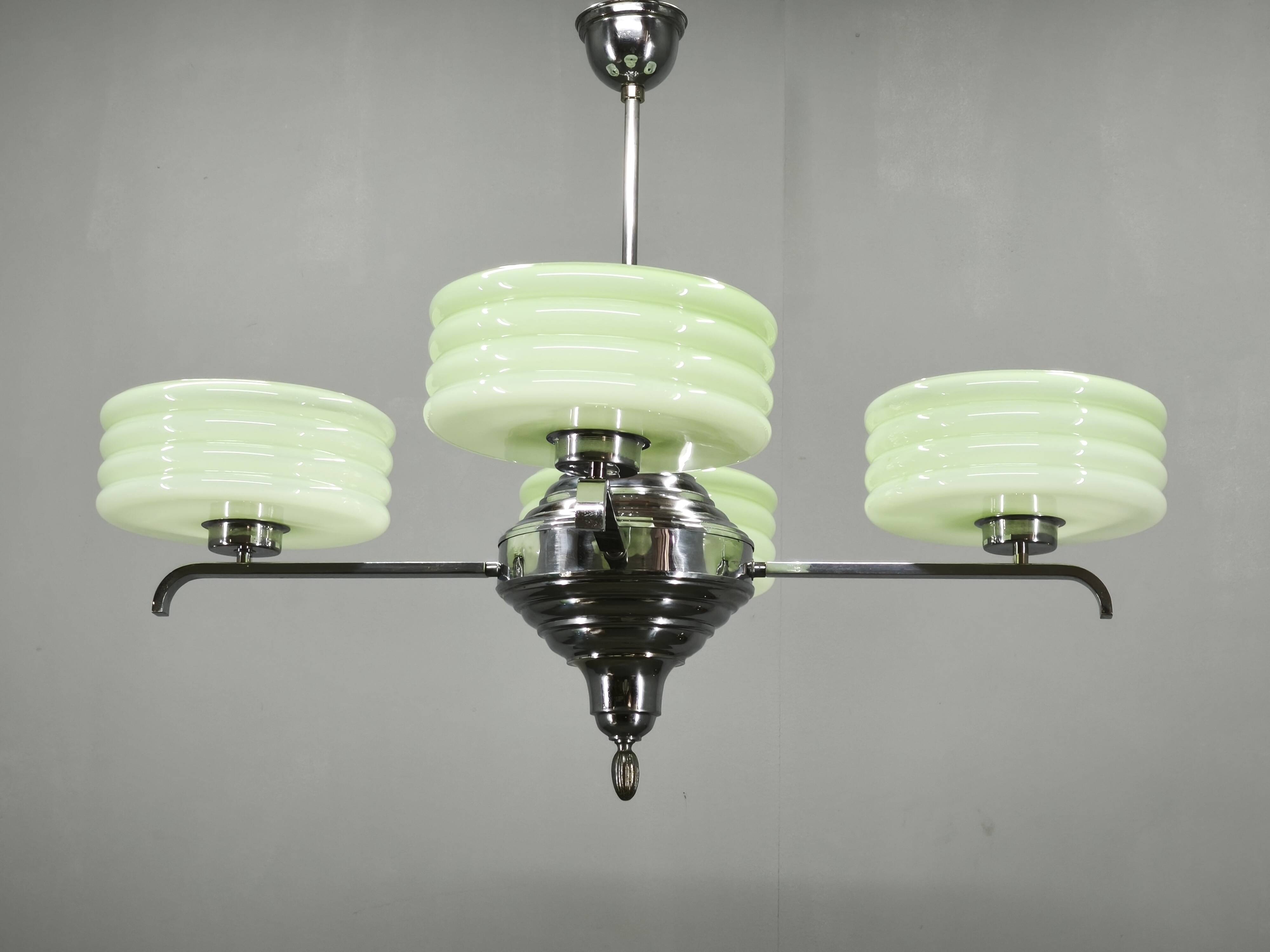 Art Deco Green Opaline Glass Chandelier, Czechoslovakia 1930s