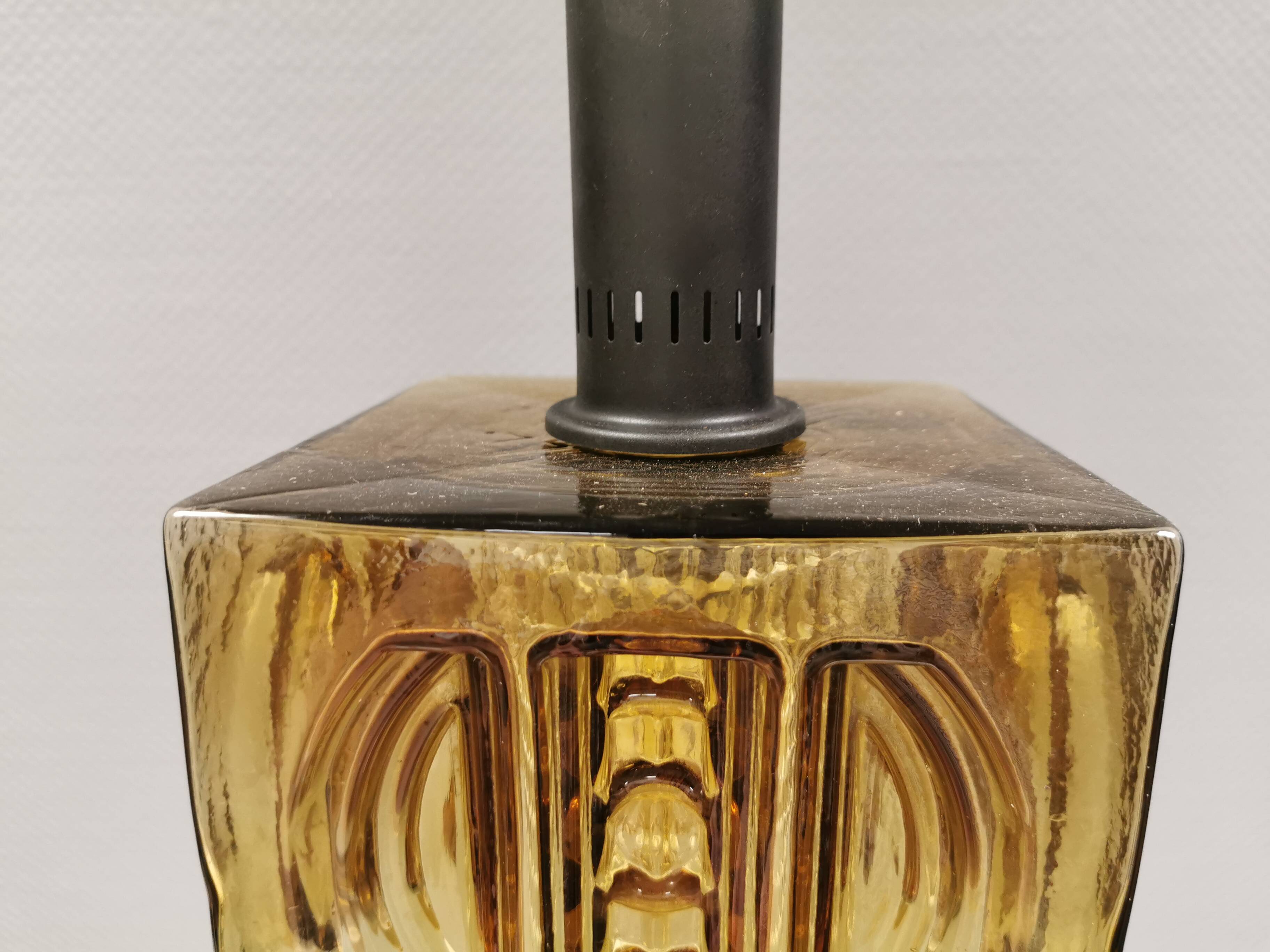 Older square hanging lamp with olive colored outer glass with inner shade of crystal glass