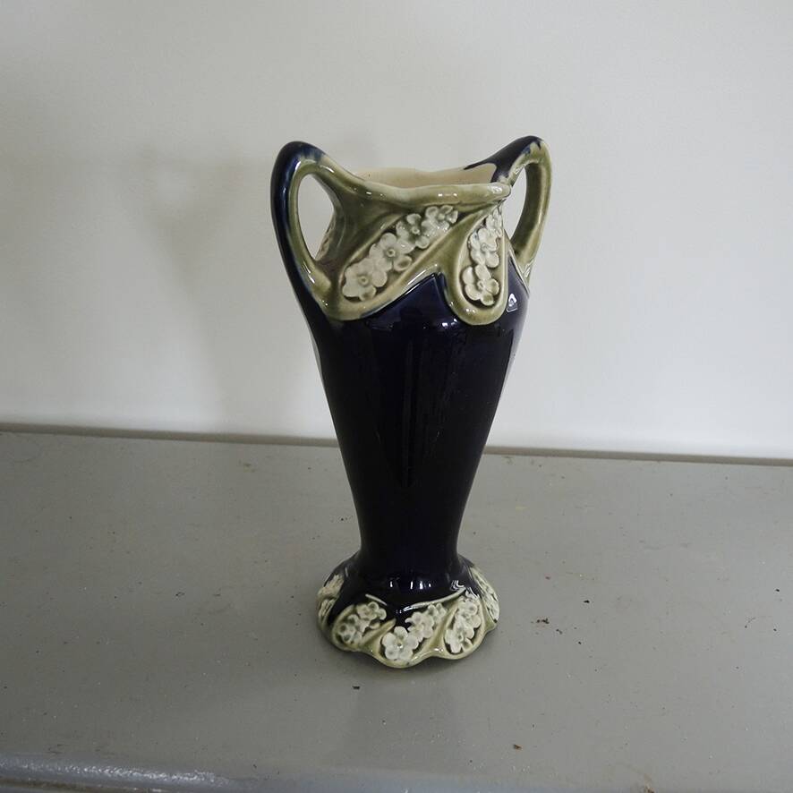 Antique Blue Barbotine Vase from De Bruyn