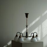 A modern Danish chandelier with 5 heads in opaline glass and brass, Art Deco, 1940s.