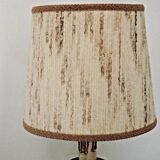 French Mid Century Round Lamp in Turned Wood and Gold Metal Beige Fabric Shade 3625