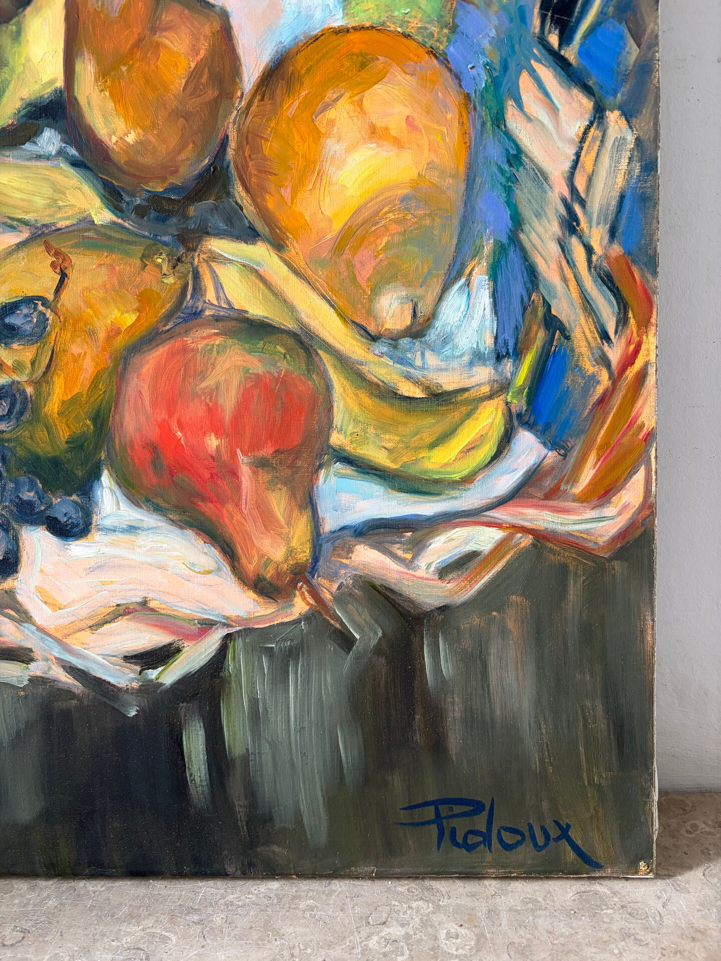 Still life with fruits, oil on canvas signed Pidoux.