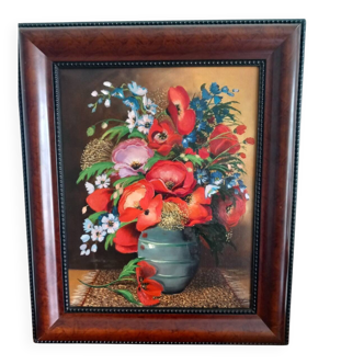 Tableau Vintage Poppies – Oil on Canvas signed EMY, 1980