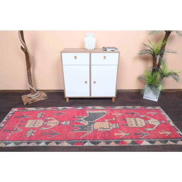 Vintage Turkish Hand-Knotted Wool Cotton Pink Runner Rug 85x260