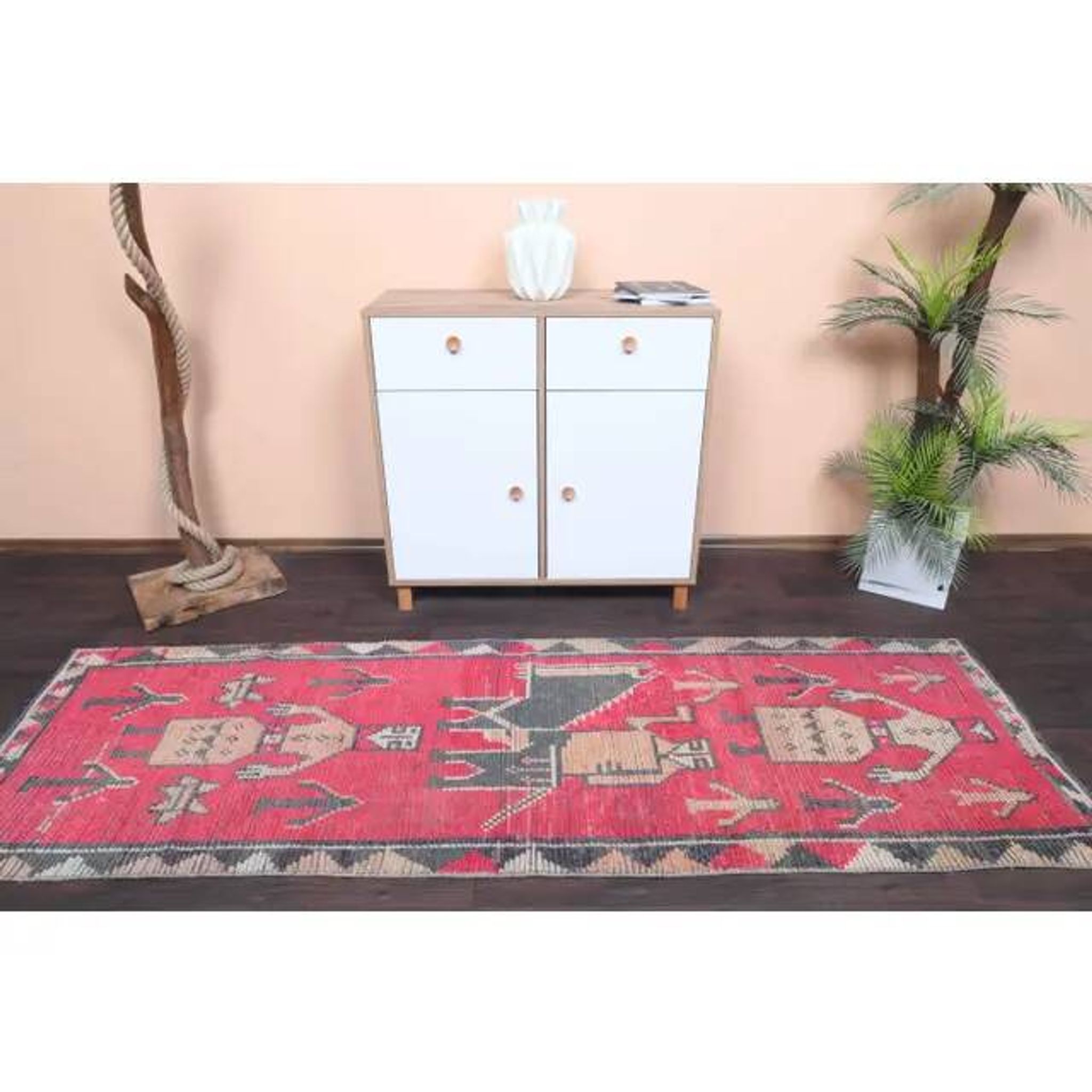 Vintage Turkish Hand-Knotted Wool Cotton Pink Runner Rug 85x260