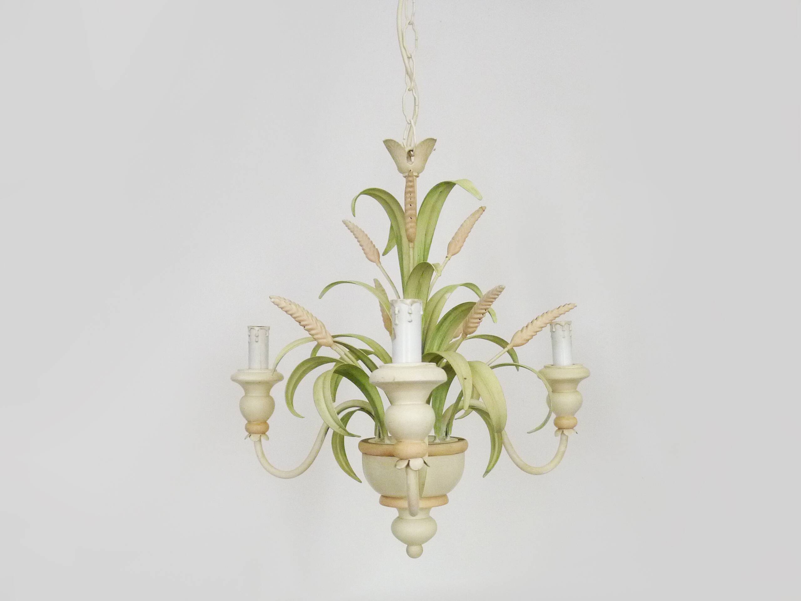 Masca vintage wheat stalk chandelier in off-white and pastel green metal.