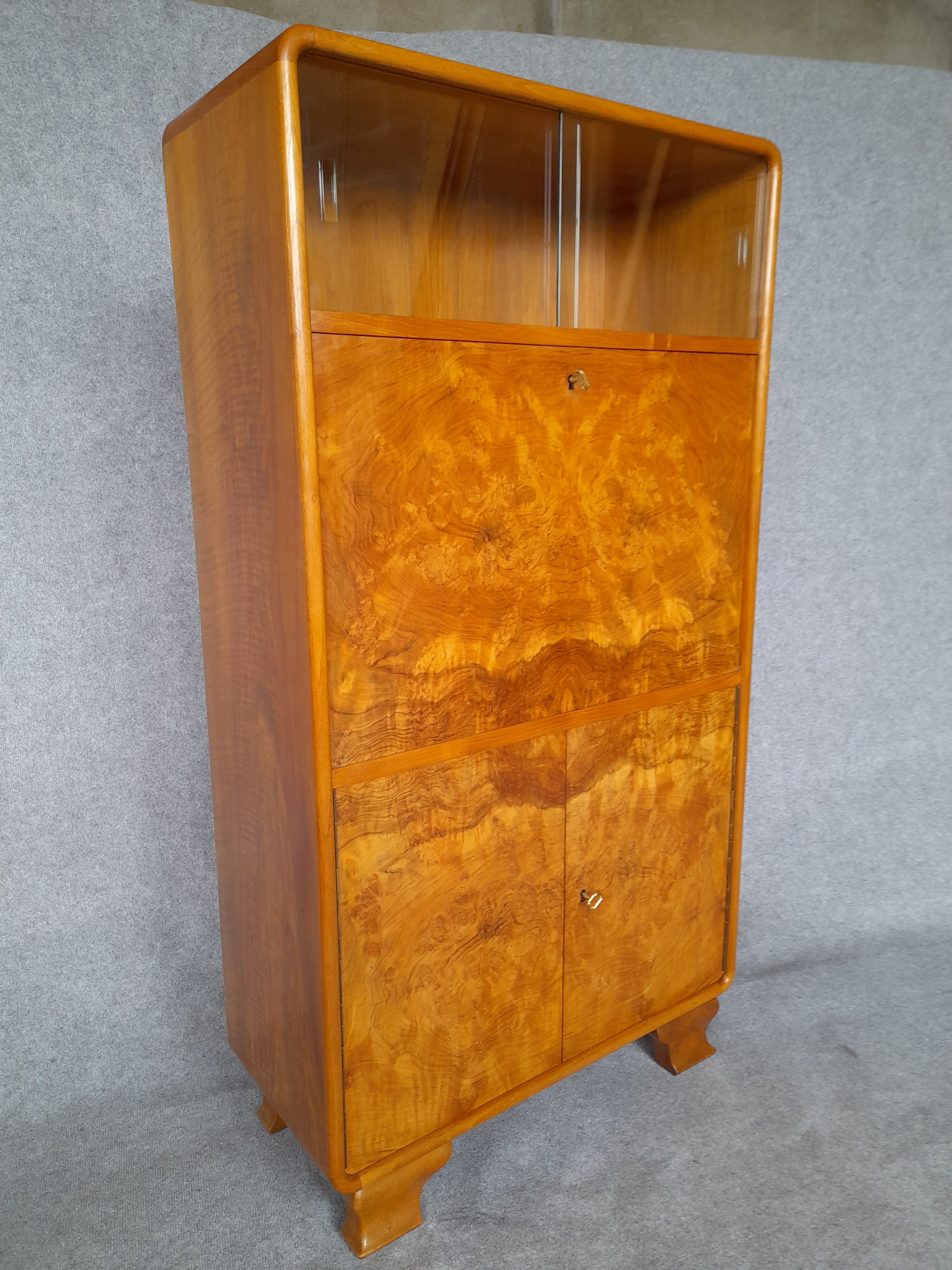 Art Deco secretary in walnut and walnut bramble