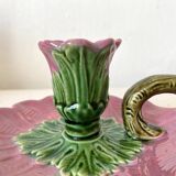 Bougeoir ancien en barbotine figurant une fleur