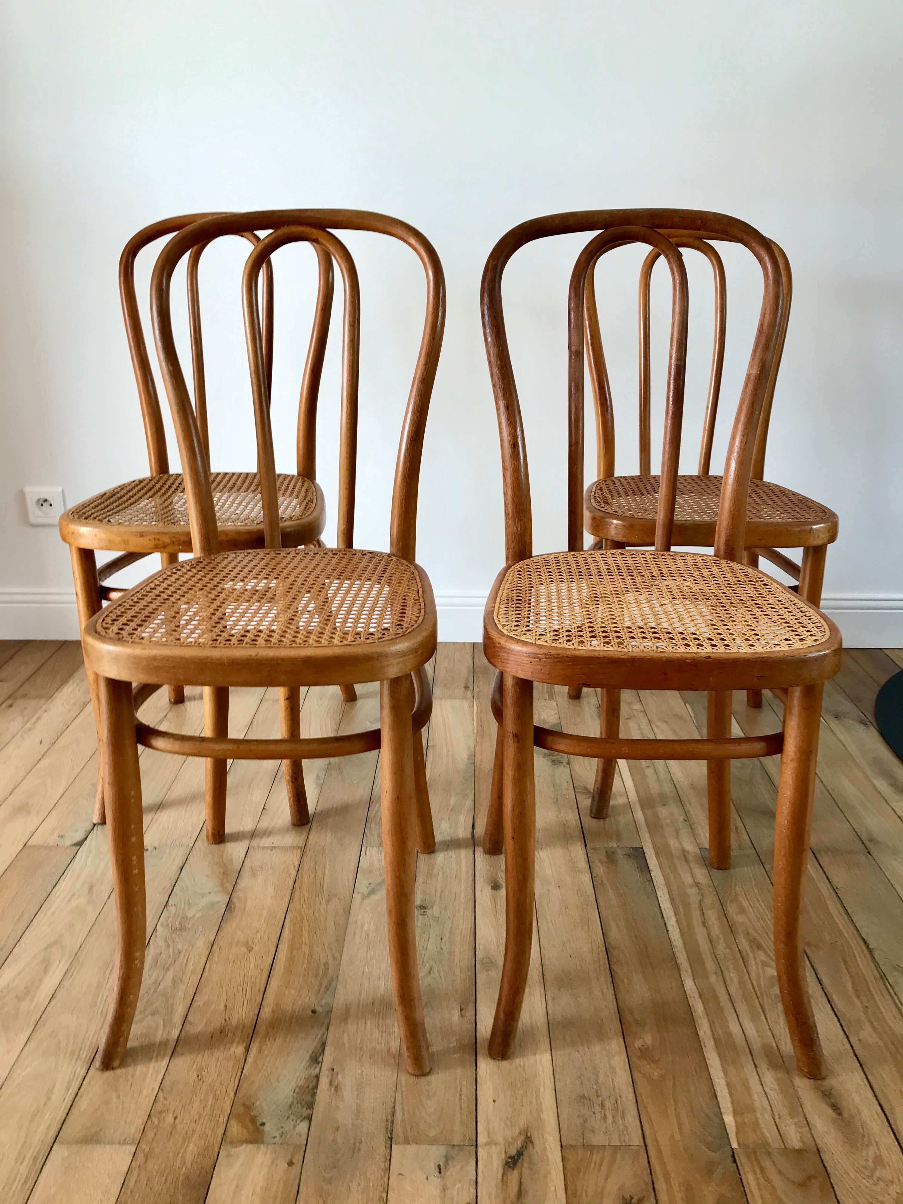 Set of 4 cane chairs in bentwood and honey-coloured cane thonet early 20th century