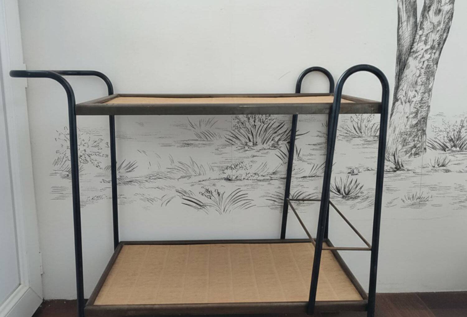 Vintage steel and rattan dessert trolley on wheels